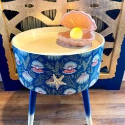 Mermaid Shell Round Side Table Pearl & Blue Ideal For Bedside Nightstand , Built in Wooden Drawer - thumbnail 3