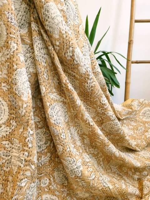 Kantha Stitch Pure Cotton Reversible Bed/Sofa Throw King Size Handmade Floral Indian Dohar Elegant Sandstone Beige Botanical Bloom - image 1