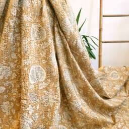 Kantha Stitch Pure Cotton Reversible Bed/Sofa Throw King Size Handmade Floral Indian Dohar Elegant Sandstone Beige Botanical Bloom - thumbnail 3