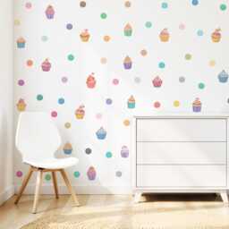 Watercolor Polka Dots & Cupcake Wall Decal, Girl's Room Decor, Nursery Decals, Sticker, Removable Rainbow Color Decal - thumbnail 3