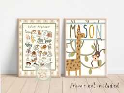 Set Of 2 Safari Animal Prints With A Boho Colour Scheme Perfect For Nursery, Girls Or Boys Bedroom Playroom - Prints Only - thumbnail 1