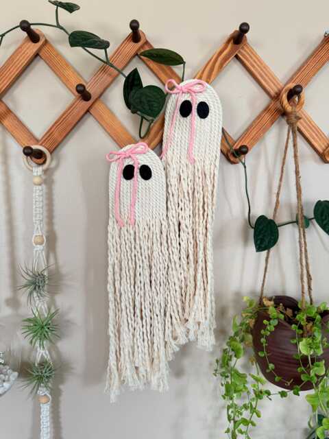 Macrame Ghost With Bow Wall Hanging - Coquette Pink Halloween Art Trendy Decor Boho - image 1