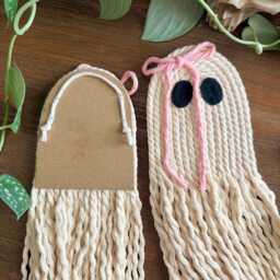 Macrame Ghost With Bow Wall Hanging - Coquette Pink Halloween Art Trendy Decor Boho - thumbnail 4