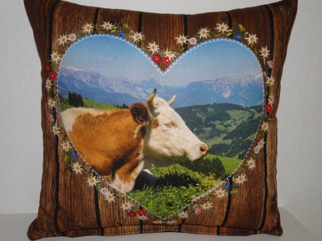 Decorative Cushion Cover Cotton Fabric & Canvas Mountain Landscape Cow Heart Nature Gentian Pasture Flower Meadow - image 1