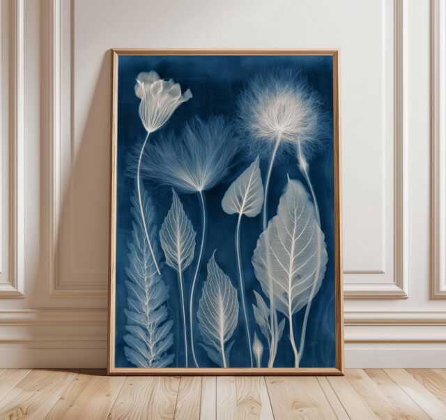 Botanical Cyanotype Poster, Blue & White Nature Wall Art, Vintage Plant Print, Minimalist Leaves Flowers Home Decor - image 1