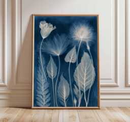 Botanical Cyanotype Poster, Blue & White Nature Wall Art, Vintage Plant Print, Minimalist Leaves Flowers Home Decor - thumbnail 1