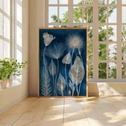 Botanical Cyanotype Poster, Blue & White Nature Wall Art, Vintage Plant Print, Minimalist Leaves Flowers Home Decor - thumbnail 3