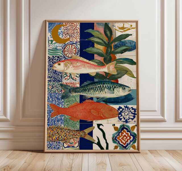 Boho Fish Collage Poster, Colorful Ocean Wall Art Print, Modern Coastal Artwork, Vibrant Nautical Decor, Eclectic Sea Life Print - image 1