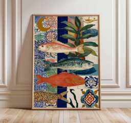 Boho Fish Collage Poster, Colorful Ocean Wall Art Print, Modern Coastal Artwork, Vibrant Nautical Decor, Eclectic Sea Life Print - thumbnail 1