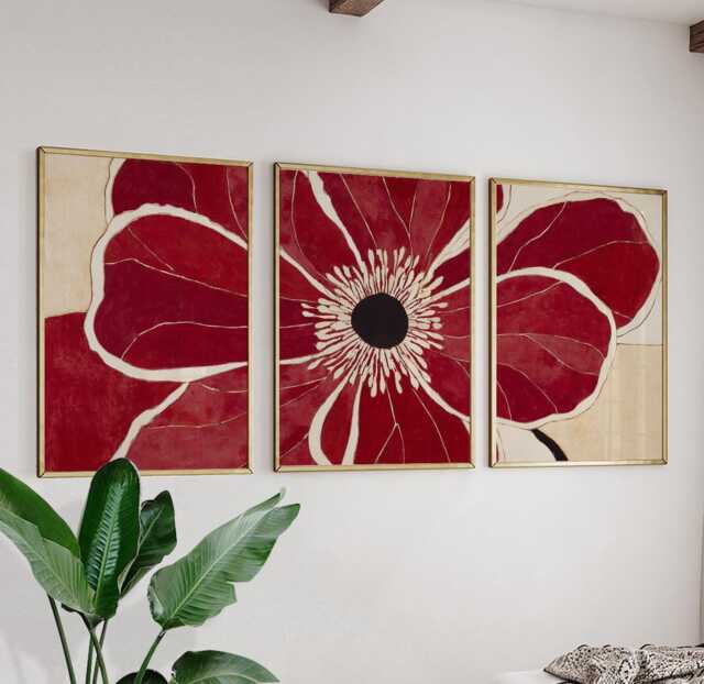 Red Floral Wall Art Posters - Abstract Botanical Illustration Set Of 3 - image 1