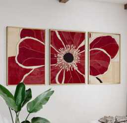 Red Floral Wall Art Posters - Abstract Botanical Illustration Set Of 3 - thumbnail 1