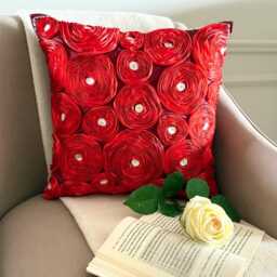 "Art Silk Red Ribbon Embroidered Rose Decorative Pillow Sham, 24""x24""/26""x26" - thumbnail 3