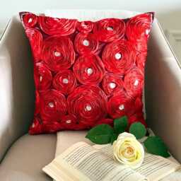 "Art Silk Red Ribbon Embroidered Rose Decorative Pillow Sham, 24""x24""/26""x26"