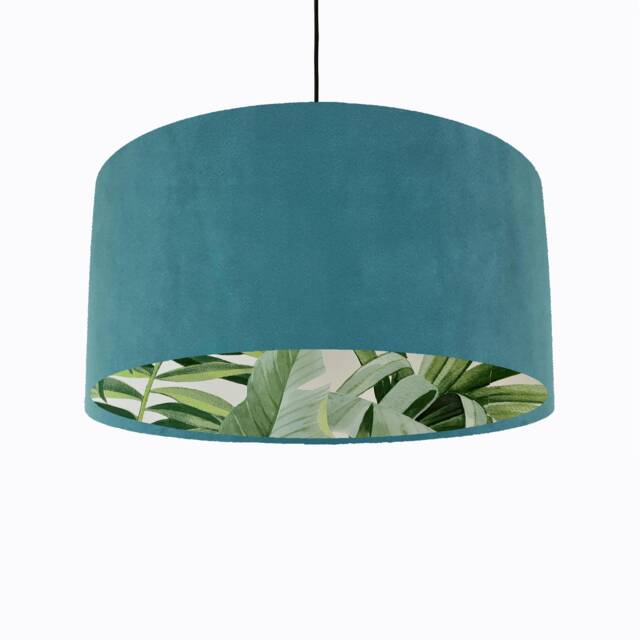 Teal Blue Velvet Drum Lampshade With Lush Green Leaves Lining, Large Tropical Lightshade - image 1
