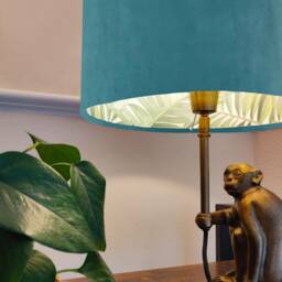 Teal Blue Velvet Drum Lampshade With Lush Green Leaves Lining, Large Tropical Lightshade - thumbnail 2