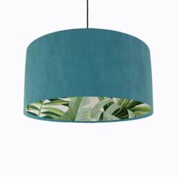 Teal Blue Velvet Drum Lampshade With Lush Green Leaves Lining, Large Tropical Lightshade - thumbnail 1