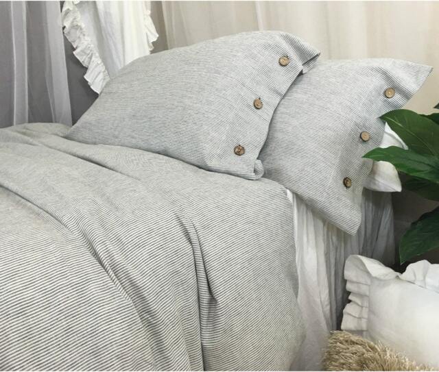 Subtle Black & White Ticking Striped Duvet Cover With Wooden Button Closure - image 1