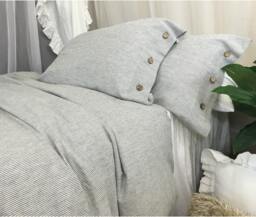 Subtle Black & White Ticking Striped Duvet Cover With Wooden Button Closure
