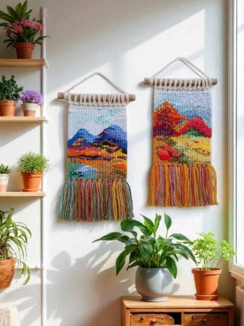 Mini Small Woven - Wall Hanging Autumn Weave Weaving Tapestry Ornaments Gallery Wall Landscape Decor Handwoven - image 1