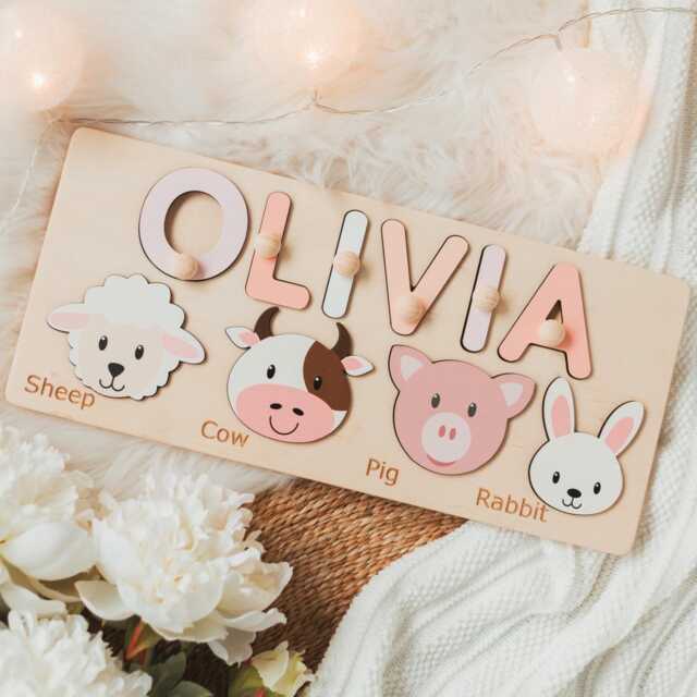 Name Puzzle With Animals. 1st Birthday Girl. Christening Gift For Kids. Newborn Wooden Toddler Toys. Montessori Puzzle. Nursery Decor - image 1