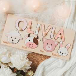 Name Puzzle With Animals. 1st Birthday Girl. Christening Gift For Kids. Newborn Wooden Toddler Toys. Montessori Puzzle. Nursery Decor