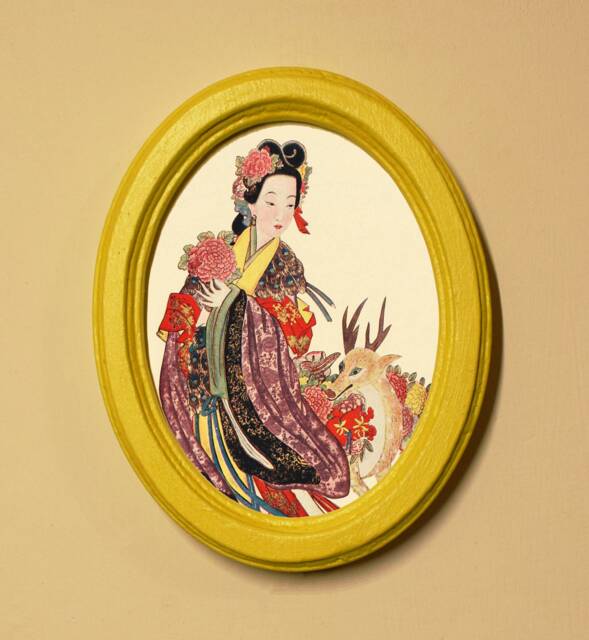 Japanese Woman With Deer Print, Yellow Oval Wood Frame - image 1