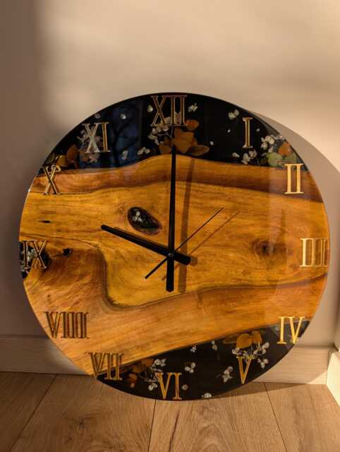Walnut Wood Epoxy Resin Wall Clock Black Flowers, Silver Numbers - image 1