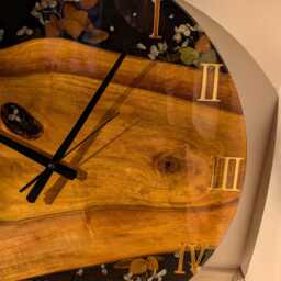 Walnut Wood Epoxy Resin Wall Clock Black Flowers, Silver Numbers - thumbnail 3