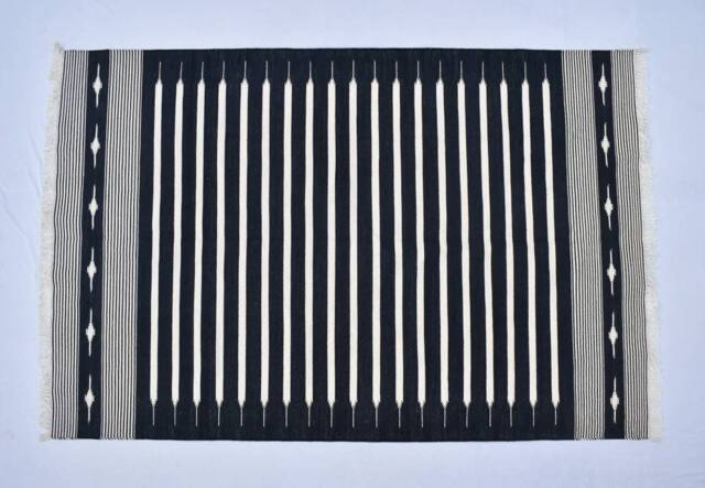 4x6 Cotton Black & White Stripes Hand Woven Rug Dhurrie - Handmade Rug - image 1