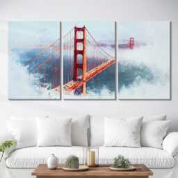San Francisco Golden Gate Bridge 3 Panel Split Canvas Wall Art Fog California Oil Painting Framed Home Decor Usa Travel Gift - thumbnail 3