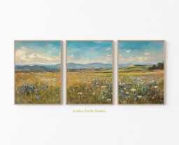 Wildflower Field Art Print Set Summer Countryside Triptych