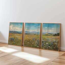 Wildflower Field Art Print Set Summer Countryside Triptych - thumbnail 2