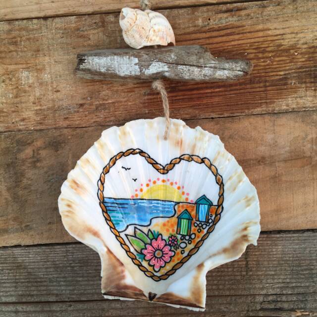 Low Tide Seashell & Driftwood Wall Decor - Hanging Scallop Shell in Gift Box. Hand Drawn Sunsetting Over Brighton Beach Huts - image 1
