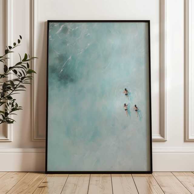 Turquoise Abstract Swimming Art Print - Ocean View Three Swimmers Painting Coastal Decor Vertical Wall Minimalism - image 1