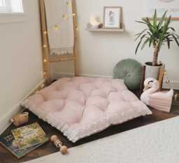 Dusty Pink Tufted Floor Cushion, Cotton Trimmed Pillow, Boho Nursery Reading Nook Bench Pad