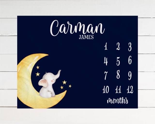 Moon Milestone Blanket Monthly Growth Tracker Soft Fleece Baby Shower Gift Newborn Watch Me Grow Elephant - image 1