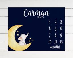 Moon Milestone Blanket Monthly Growth Tracker Soft Fleece Baby Shower Gift Newborn Watch Me Grow Elephant - thumbnail 1