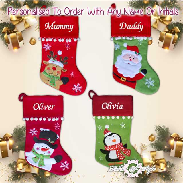 Personalized Embroidered Christmas Stocking Luxury Xmas Sack With Pom Poms - image 1