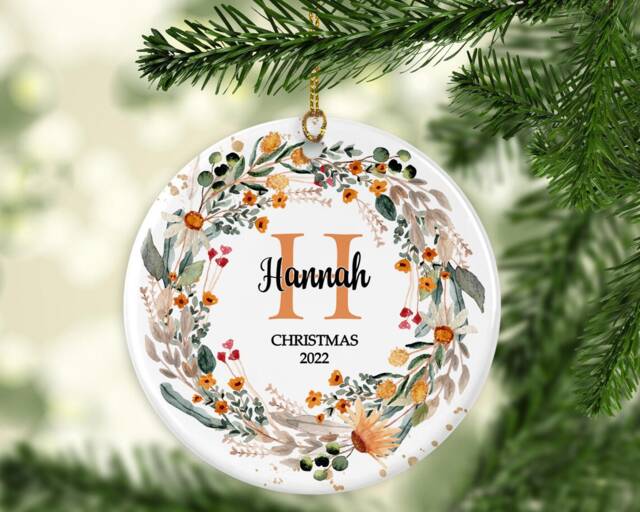 Personalised Christmas Ornament Initial Eucalyptus Wreath, Ceramic Keepsake - image 1