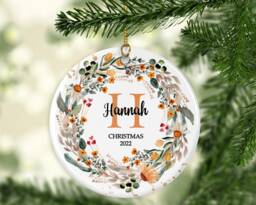 Personalised Christmas Ornament Initial Eucalyptus Wreath, Ceramic Keepsake - thumbnail 1