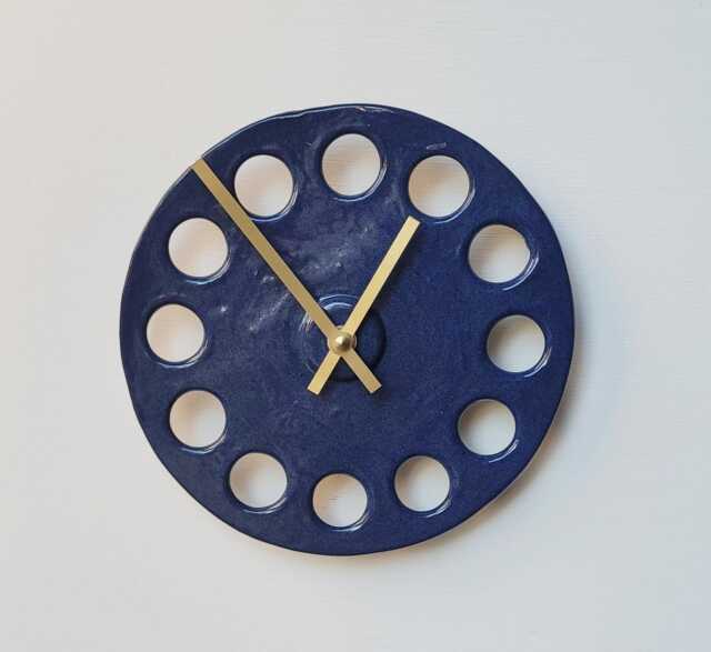 Circular Round Blue Glazed Stoneware Ceramic Minimalist Wall Clock 20 cm Diam - image 1