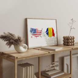 Us To Romania Watercolour Flag Map Wall Art Print - United State Of America Anniversary Moving Gift - thumbnail 1