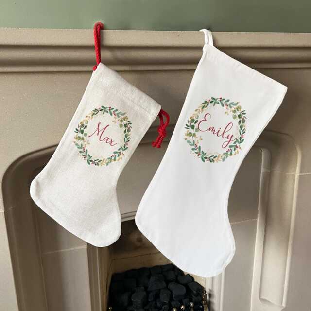 Personalised Christmas Stocking - Name Family Stockings Decorations Wreath - image 1