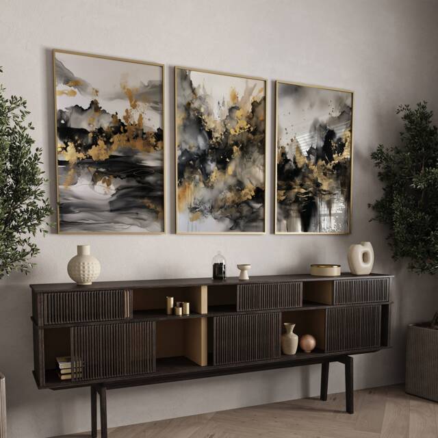 Set Of 3 Black & Gold Wall Art - Mountains 2 Theme - image 1