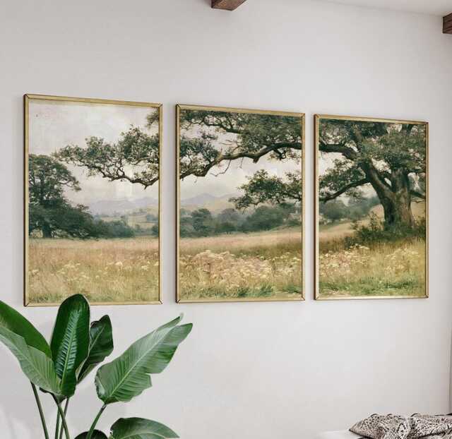 Green Meadow Landscape Poster Set, Vintage Oak Tree Wall Art - image 1