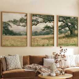 Green Meadow Landscape Poster Set, Vintage Oak Tree Wall Art - thumbnail 4