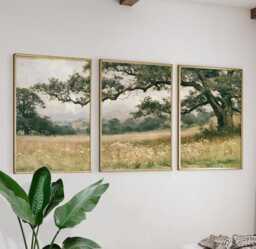 Green Meadow Landscape Poster Set, Vintage Oak Tree Wall Art - thumbnail 1