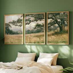 Green Meadow Landscape Poster Set, Vintage Oak Tree Wall Art - thumbnail 2