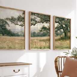 Green Meadow Landscape Poster Set, Vintage Oak Tree Wall Art - thumbnail 3