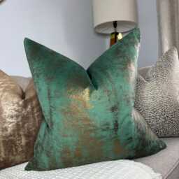 Green Gold Cushion Cover, Luxury Pillow Cover For Sofa Or Bed, Designer Velvet Touch Fabric Tapini Forest, Metallic - thumbnail 1